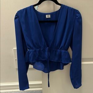 Sunday Best Blue Peplum Tie Front Blouse